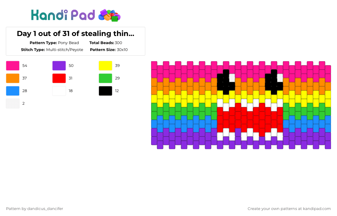 Day 1 out of 31 of stealing things from kandipatterns: Rainbow Domo - Pony Bead Pattern by mikusgay_01 on Kandi Pad - pink,orange,yellow,purple,kandipatterns,rainbow,colorful,multistitch