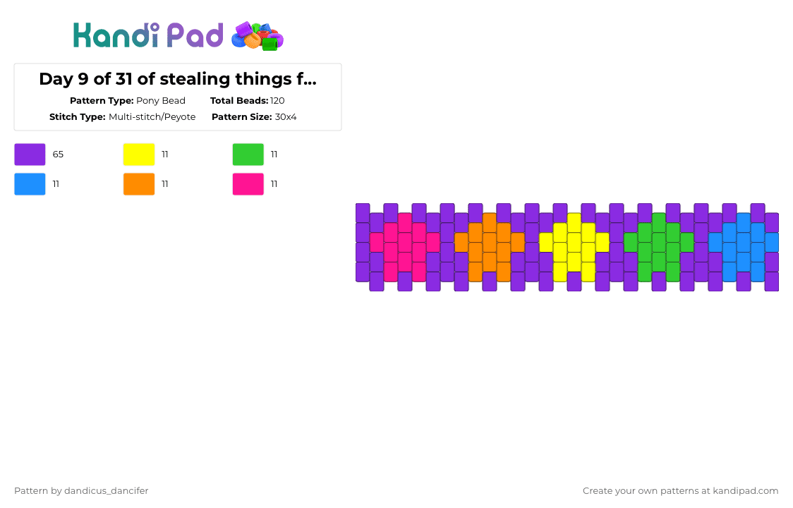 Day 9 of 31 of stealing things from kandipatterns: small row of stars - Pony Bead Pattern by mikusgay_01 on Kandi Pad - purple,kandipatterns,rainbow,stars,simple,cuff,colorful,easy,multistitch