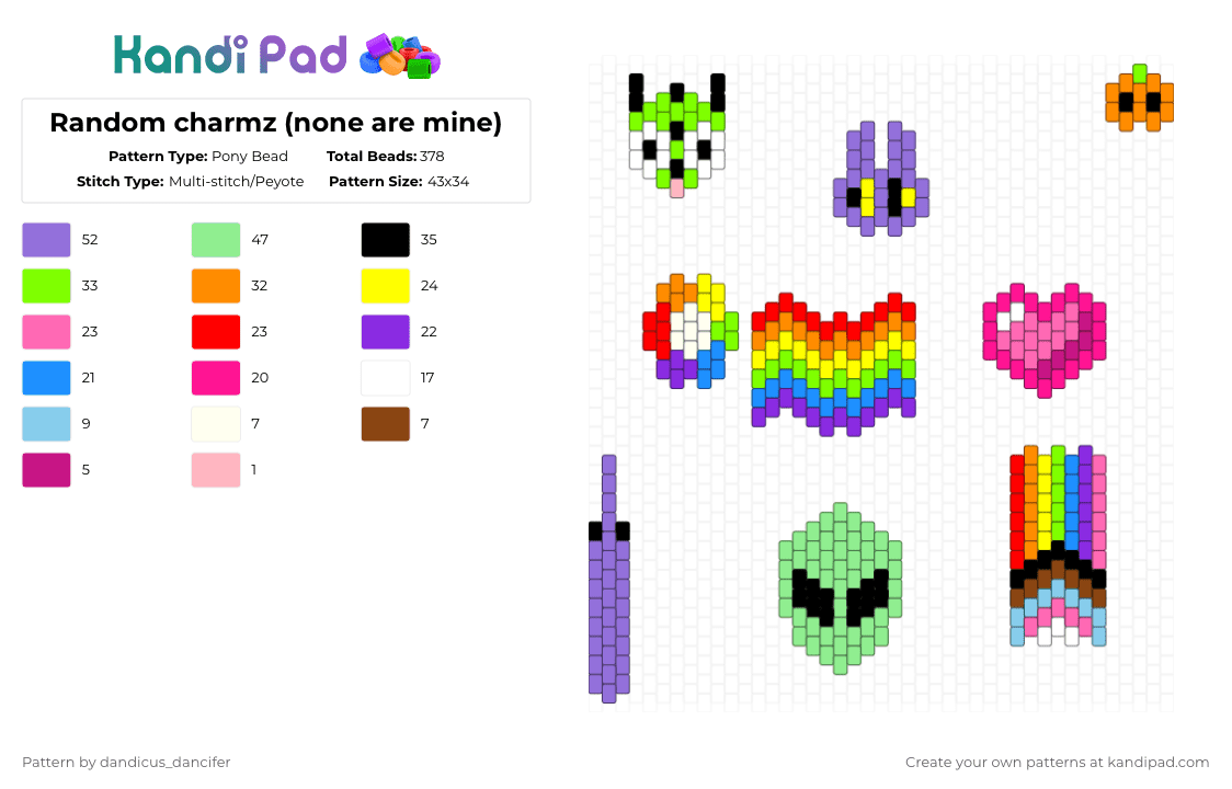 Random charmz (none are mine) - Pony Bead Pattern by mikusgay_01 on Kandi Pad - pink,purple,teal,charms,tadc,rainbow,small,pride,dandys world,alien,pumpkin