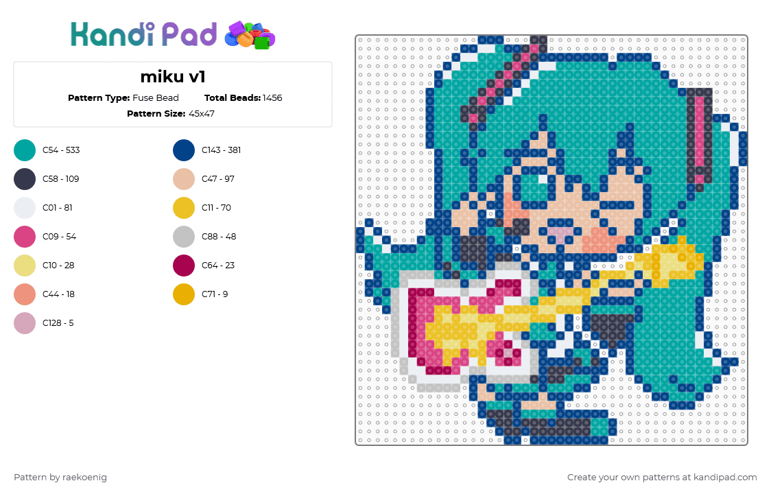 miku v1 - Fuse Bead Pattern by raekoenig on Kandi Pad - blue,teal