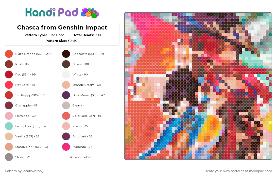 Chasca from Genshin Impact - Fuse Bead Pattern by localloverboy on Kandi Pad - genshin impact,colorful,vivid,video game,orange,black,character,trippy