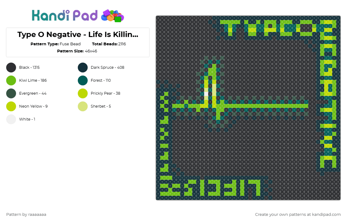 Type O Negative - Life Is Killing Me Album Cover - Fuse Bead Pattern by raaaaaaa on Kandi Pad - black,gray,green