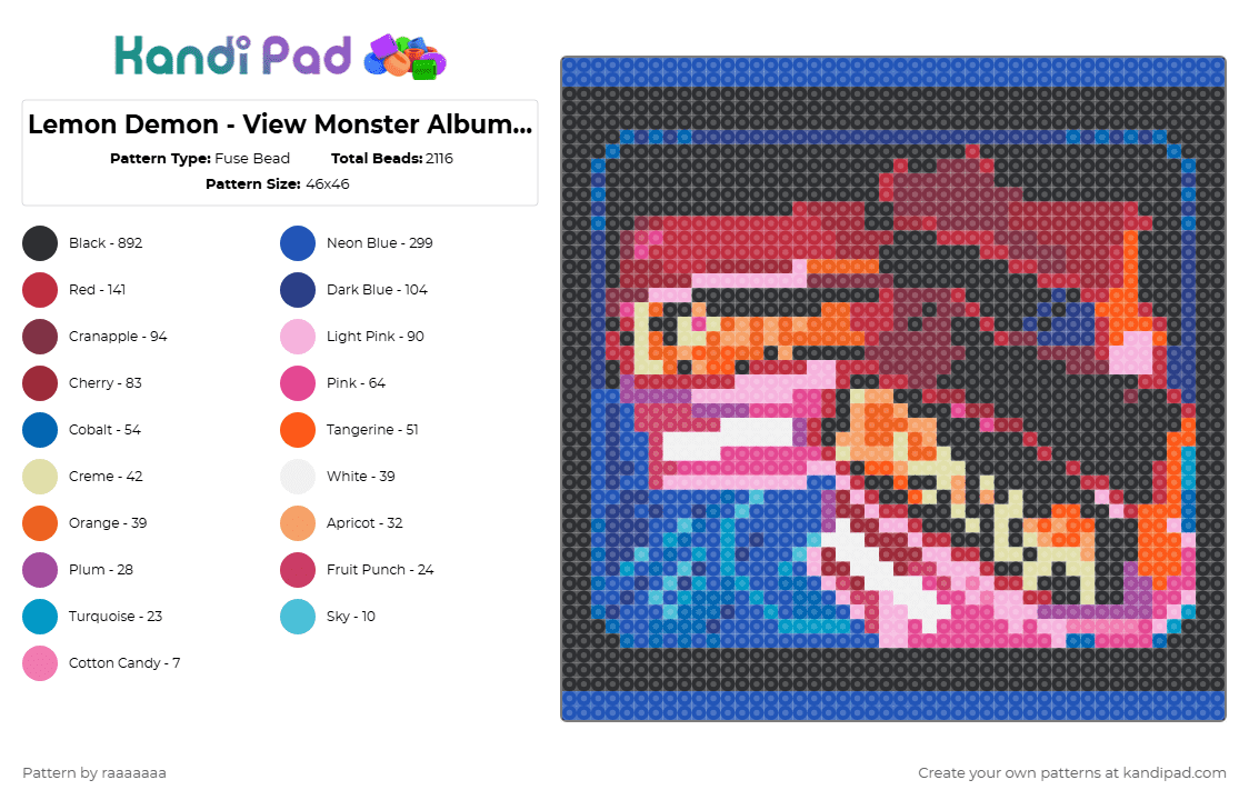 Lemon Demon - View Monster Album Cover - Fuse Bead Pattern by raaaaaaa on Kandi Pad - black,blue,red,pink