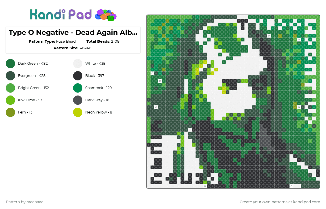 Type O Negative - Dead Again Album Cover - Fuse Bead Pattern by raaaaaaa on Kandi Pad - gray,green,music,type o negative,album cover
