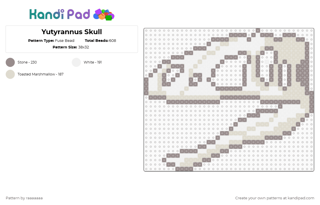 Yutyrannus Skull - Fuse Bead Pattern by raaaaaaa on Kandi Pad - yutyrannus,skull,dinosaur,bones,animal,fossil,biology,halloween,spooky,gray,beige