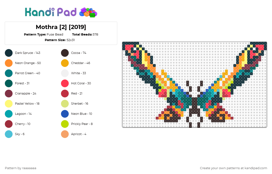 Mothra [2] [2019] - Fuse Bead Pattern by raaaaaaa on Kandi Pad - brown,teal,orange,red