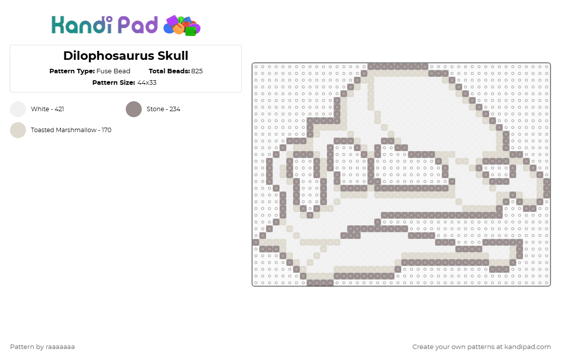 Dilophosaurus Skull - Fuse Bead Pattern by raaaaaaa on Kandi Pad - dilophosaurus,skull,dinosaur,bones,animal,fossil,skeleton,halloween,spooky,gray,beige