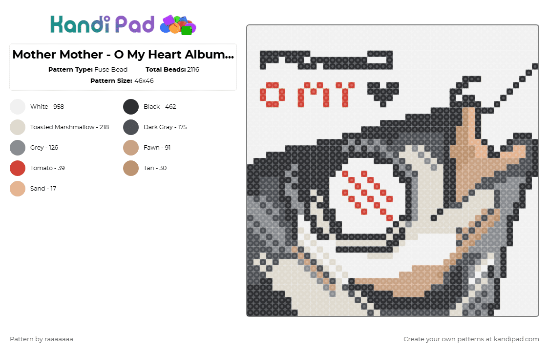Mother Mother - O My Heart Album Cover - Fuse Bead Pattern by raaaaaaa on Kandi Pad - white,gray,beige