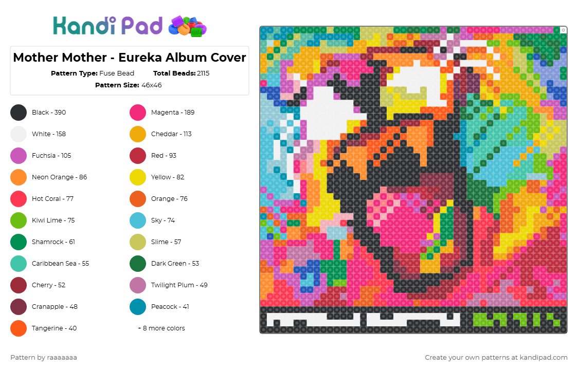 Mother Mother - Eureka Album Cover - Fuse Bead Pattern by raaaaaaa on Kandi Pad - green,pink,orange,red