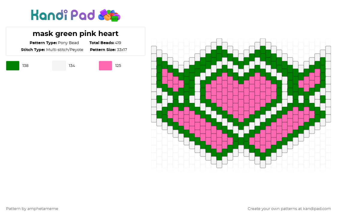 mask green pink heart - Pony Bead Pattern by amphetameme on Kandi Pad - green,pink