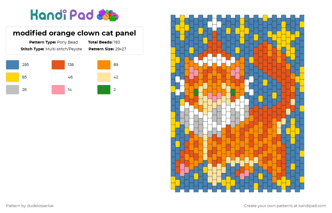 modified orange clown cat panel - Pony Bead Pattern by dudekisserkai on Kandi Pad - blue,yellow,red,orange,cat,panel,clown