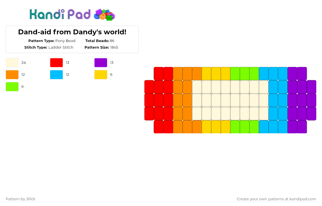 Dand-aid from Dandy\'s world! - Pony Bead Pattern by 3lli0t on Kandi Pad - red,orange,light blue,purple