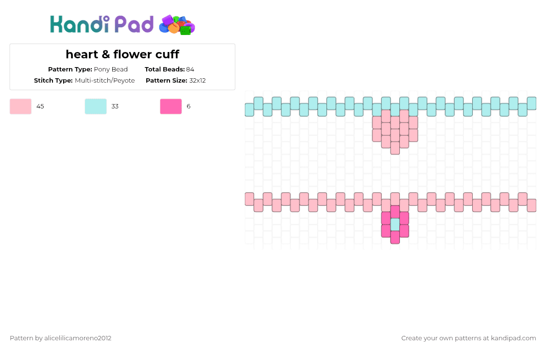 heart & flower cuff - Pony Bead Pattern by alicelilicamoreno2012 on Kandi Pad - light blue, pink