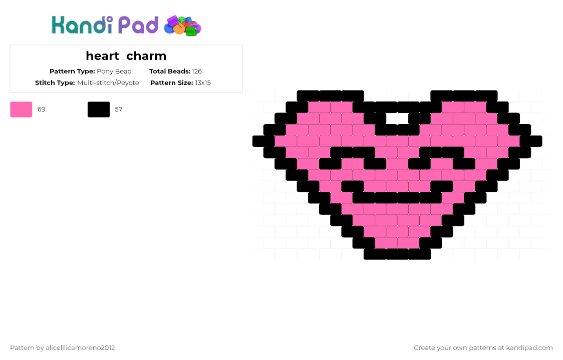 heart  charm - Pony Bead Pattern by alicelilicamoreno2012 on Kandi Pad - black,pink,uwuwu