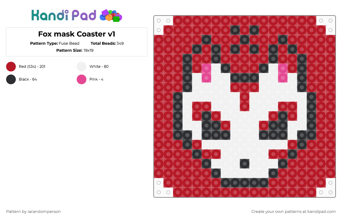 Fox mask Coaster v1 - Fuse Bead Pattern by iarandomperson on Kandi Pad - red