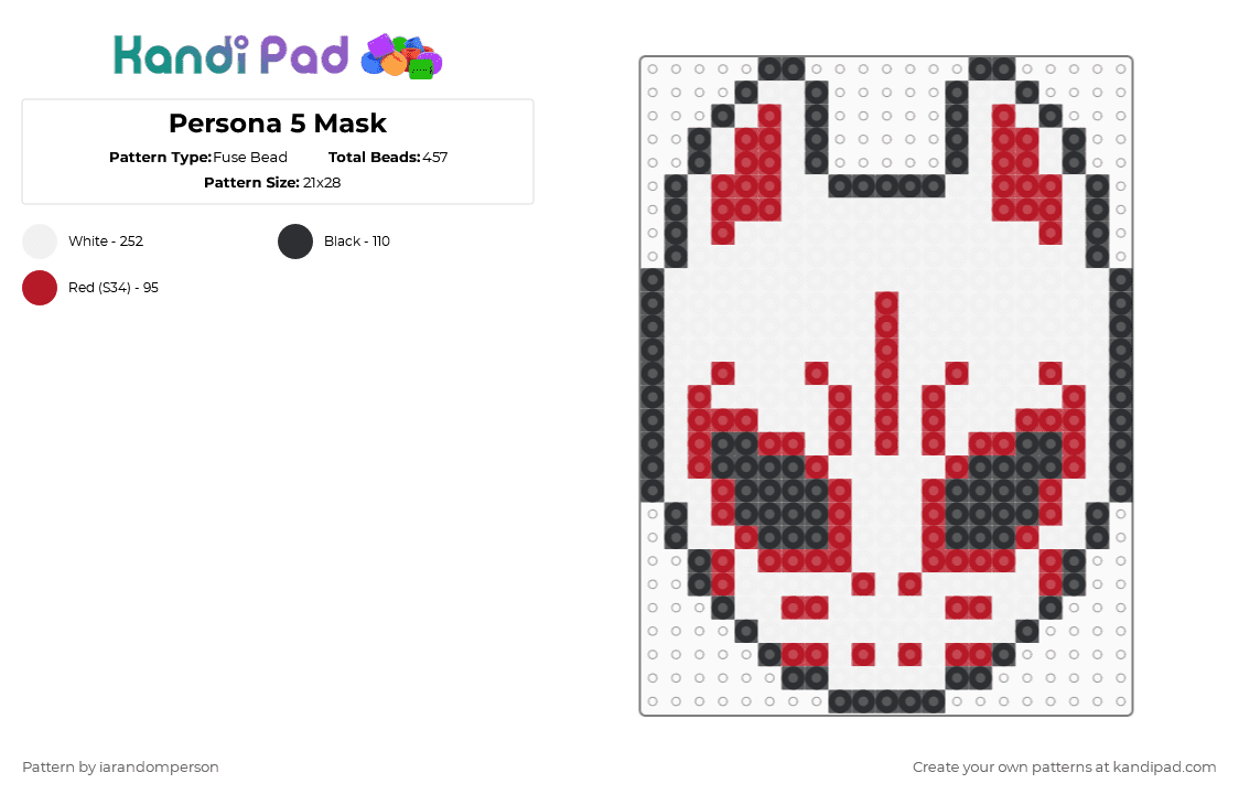 Persona 5 Mask - Fuse Bead Pattern by iarandomperson on Kandi Pad - red,white