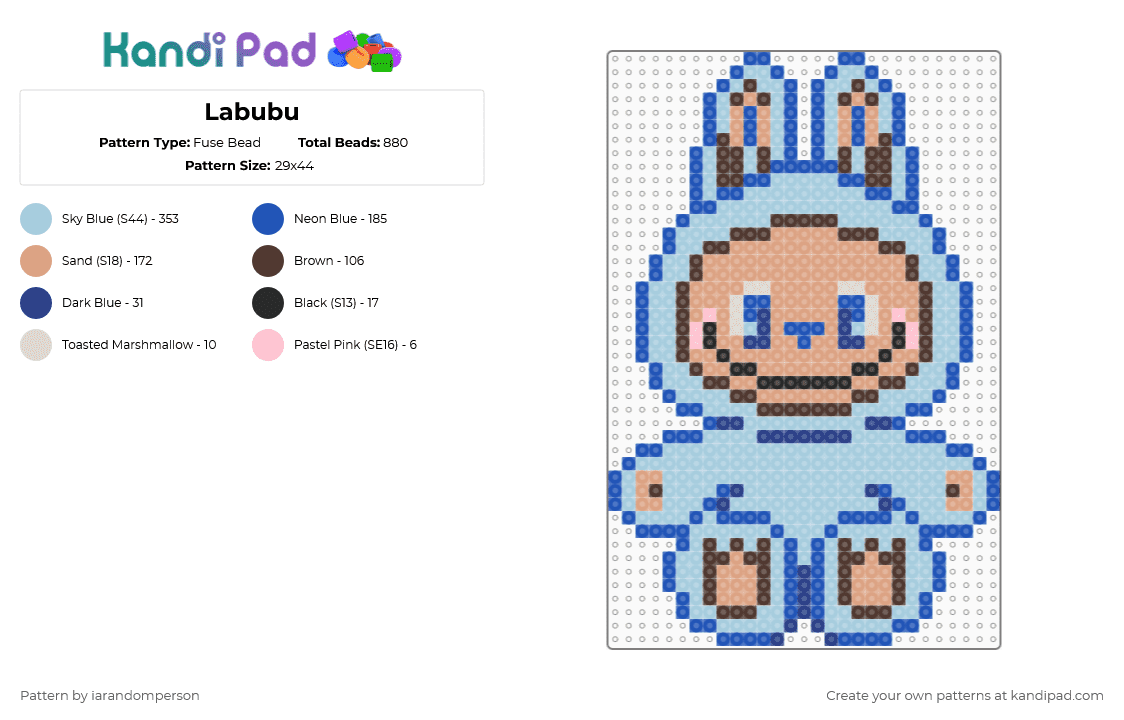 Labubu - Fuse Bead Pattern by iarandomperson on Kandi Pad - blue,beige,light blue