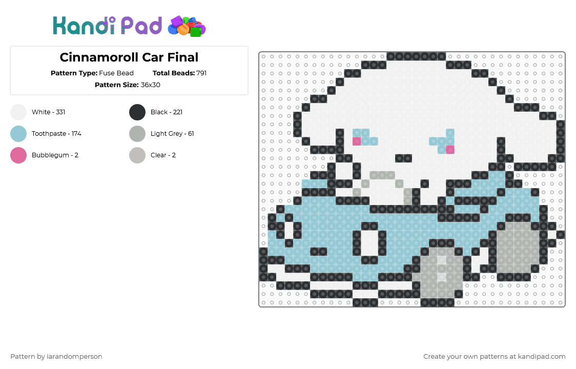 Cinnamoroll Car Final - Fuse Bead Pattern by iarandomperson on Kandi Pad - white,light blue
