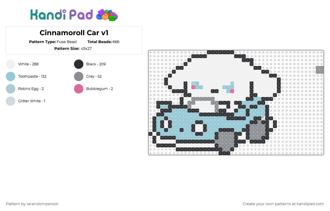 Cinnamoroll Car v1 - Fuse Bead Pattern by iarandomperson on Kandi Pad - white,light blue