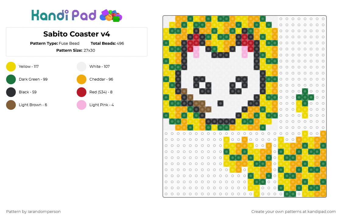Sabito Coaster final - Fuse Bead Pattern by iarandomperson on Kandi Pad - green, orange, yellow
