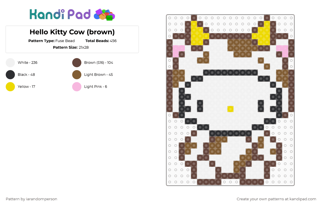 Hello Kitty Cow (brown) - Fuse Bead Pattern by iarandomperson on Kandi Pad - hello kitty,cow,costume,sanrio,animal,cartoon,white,brown,tan