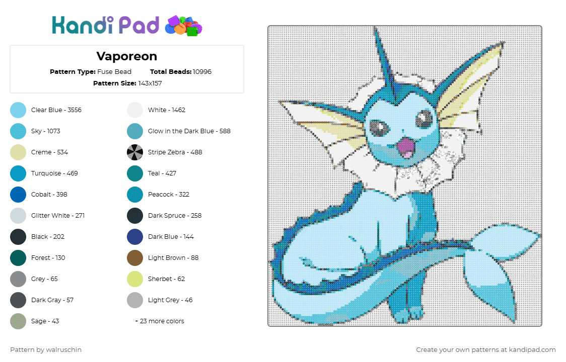 Vaporeon - Fuse Bead Pattern by walruschin on Kandi Pad - 