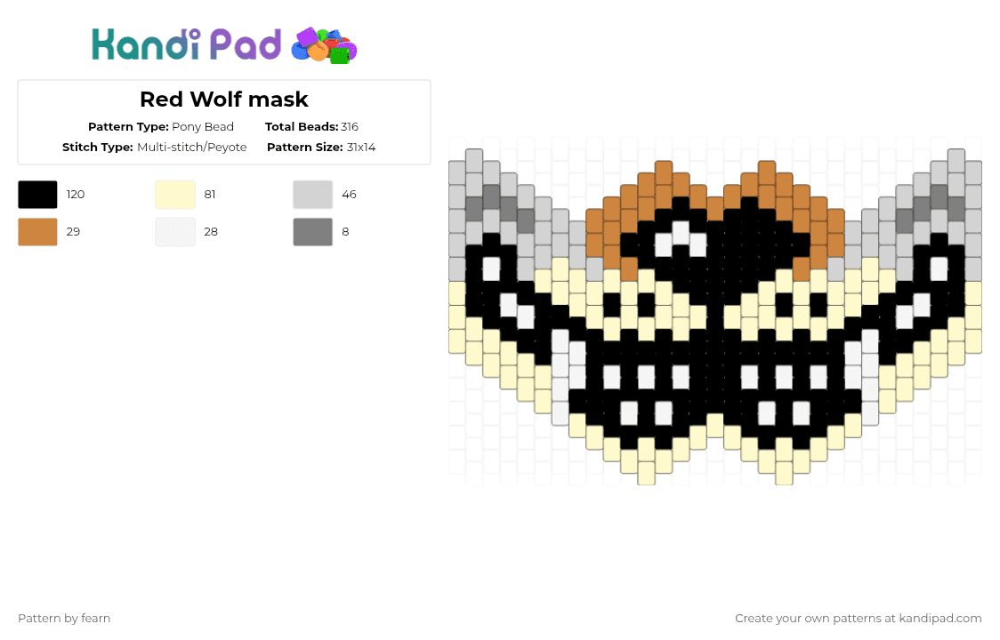 Red Wolf mask - Pony Bead Pattern by fearn on Kandi Pad - yellow