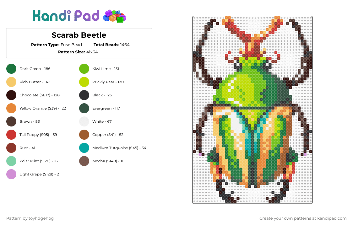Scarab Beetle - Fuse Bead Pattern by toyhdgehog on Kandi Pad - yellow,green,brown,beetle,insects