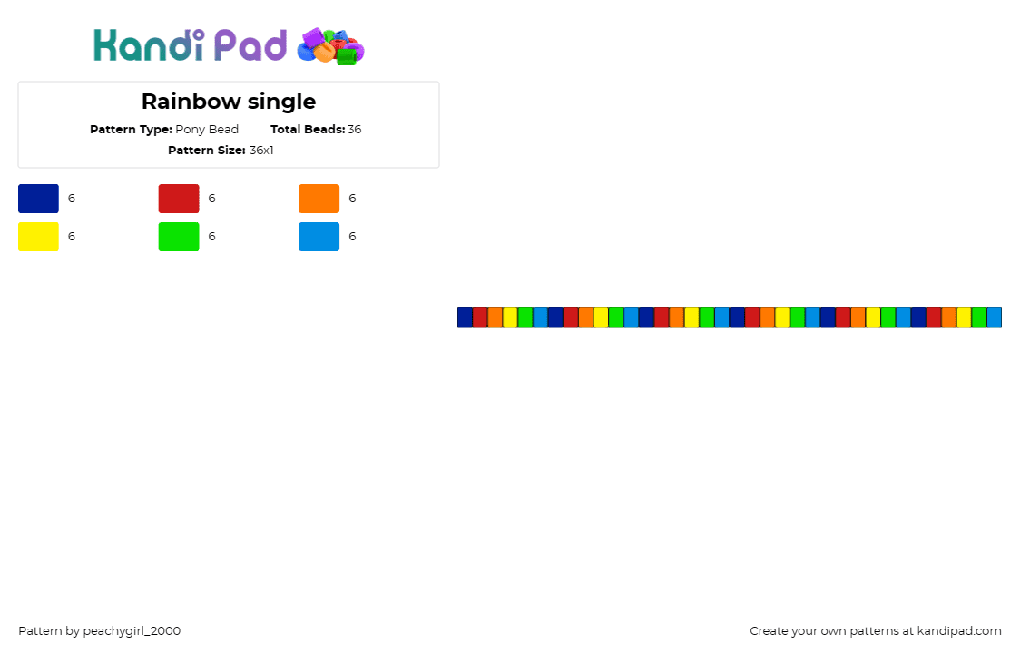 Rainbow single - Pony Bead Pattern by peachygirl_2000 on Kandi Pad - rainbow,single,bracelet,cuff,diversity,joy,bold,linear,positivity