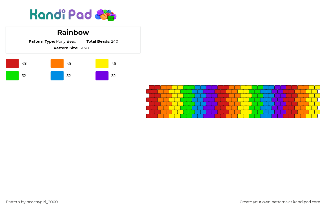 Rainbow  - Pony Bead Pattern by peachygirl_2000 on Kandi Pad - rainbow,stripes,cuff,vibrant,joyful,spectrum,bright,multicolored,cheerful