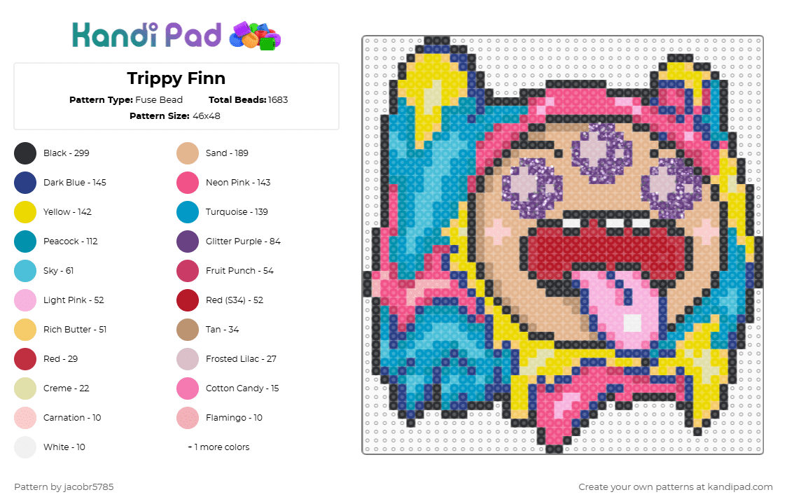 Trippy Finn - Fuse Bead Pattern by jeradubz on Kandi Pad - yellow,light blue,pink,beige,aventure time,finn the human,finn,trippy,purple,blue,heady mafia
