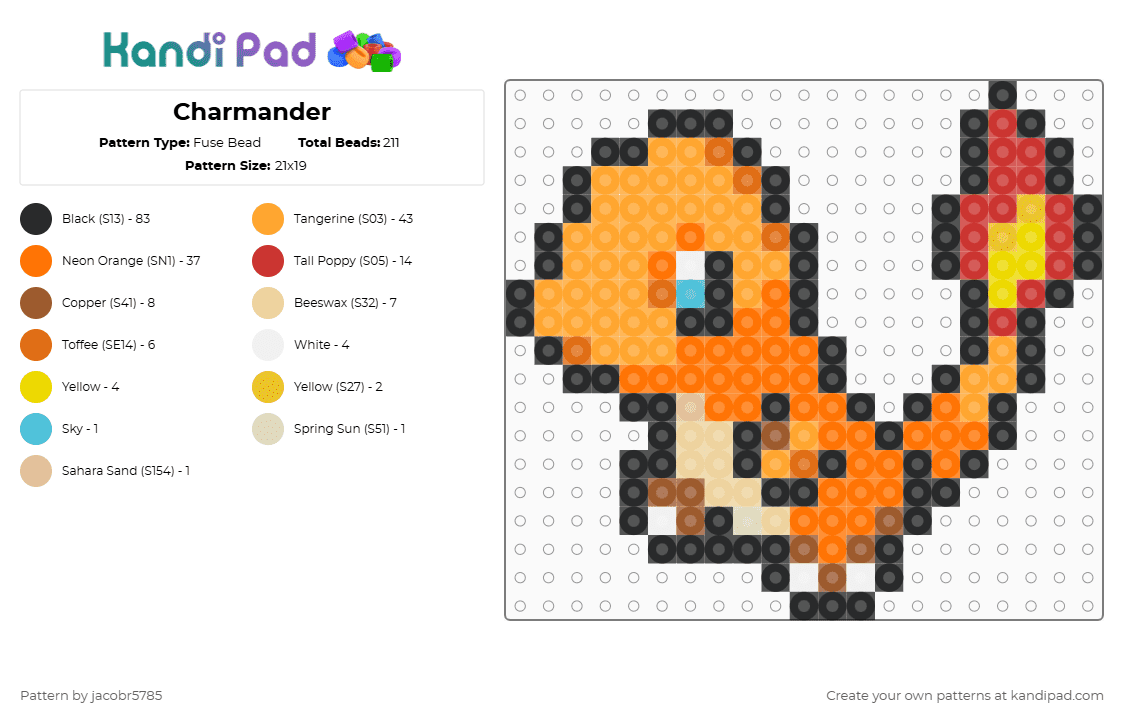 Charmander - Fuse Bead Pattern by jeradubz on Kandi Pad - orange,pokemon,charmander