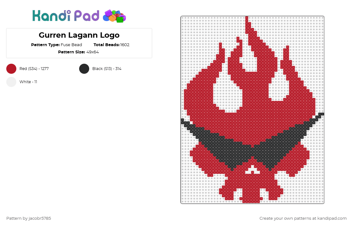 Gurren Lagann Logo - Fuse Bead Pattern by jeradubz on Kandi Pad - red,gurren lagann,logo,anime,skull,fire,flame,black