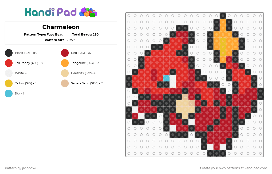 Charmeleon - Fuse Bead Pattern by jeradubz on Kandi Pad - red,pokemon,charmeleon,charizard,charmander