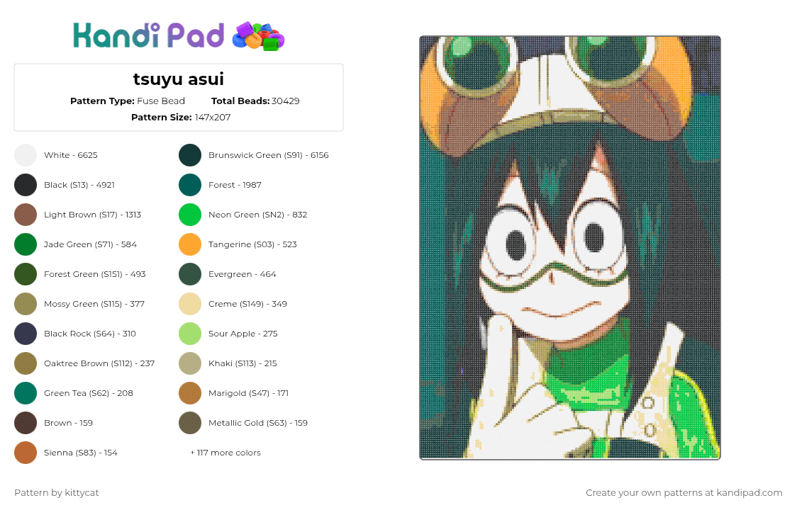 tsuyu asui - Fuse Bead Pattern by kit_kat on Kandi Pad - black,white,gold,green,gray,tan,orange,colorful
