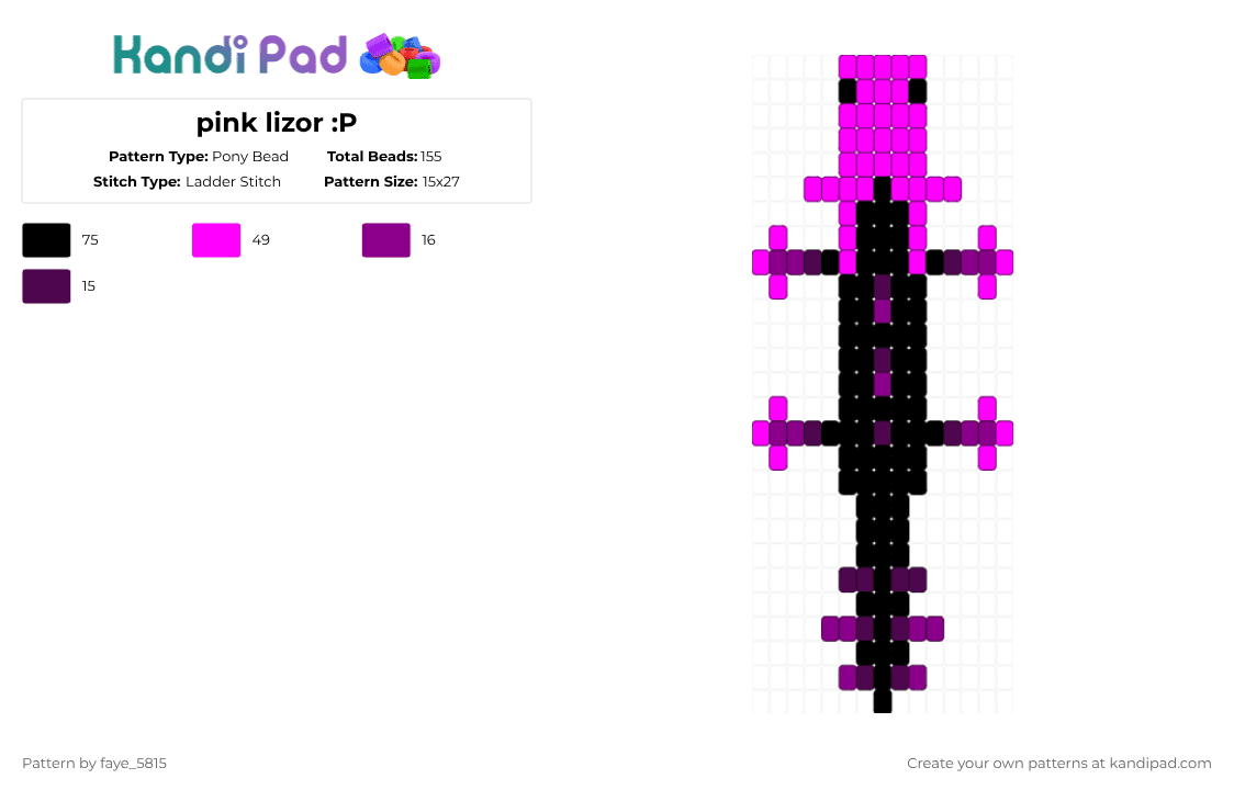 pink lizor :P - Pony Bead Pattern by faye_5815 on Kandi Pad - pink,black