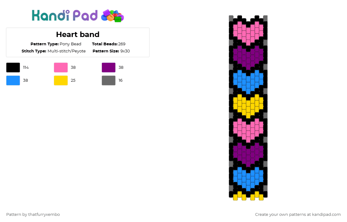 Heart band - Pony Bead Pattern by thatfurryxembo on Kandi Pad - pink,light blue,heart,purple,yellow,blue,cuff,belt