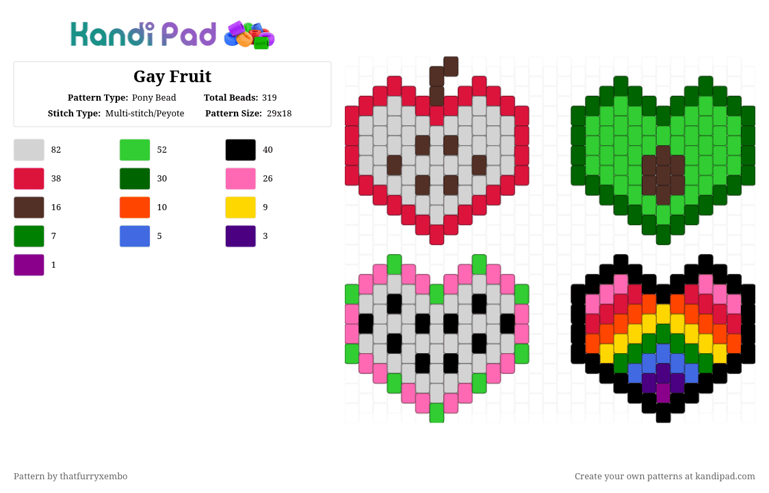 Gay Fruit - Pony Bead Pattern by thatfurryxembo on Kandi Pad - green,pink,red,cotdromance,queer,lgbtqia,fruit,nature,rainbow