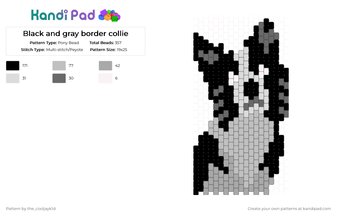 Black and gray border collie - Pony Bead Pattern by the_cooljayk1d on Kandi Pad - beige,border collie,dog,charm,animal,cool