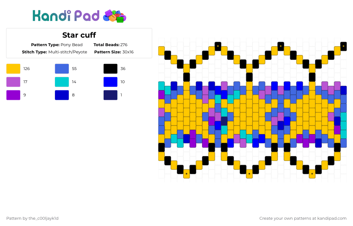 Star cuff - Pony Bead Pattern by the_cooljayk1d on Kandi Pad - blue,yellow,stars,galaxy,cool,cuff