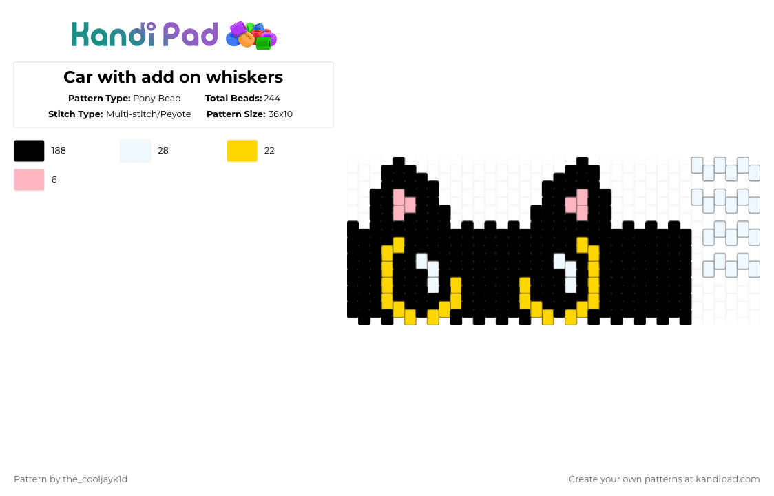 Car with add on whiskers - Pony Bead Pattern by the_cooljayk1d on Kandi Pad - black,yellow,cat