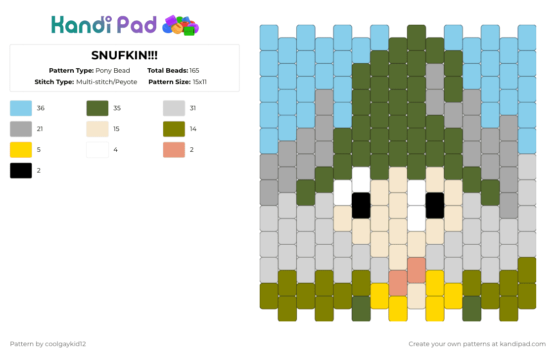 SNUFKIN!!! - Pony Bead Pattern by the_cooljayk1d on Kandi Pad - beige, cool, gold, light blue, moominvalley, snufkin