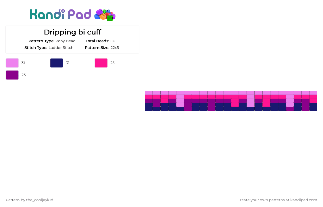 Dripping bi cuff - Pony Bead Pattern by the_cooljayk1d on Kandi Pad - pink,purple,bi,bisexual,pride,gae