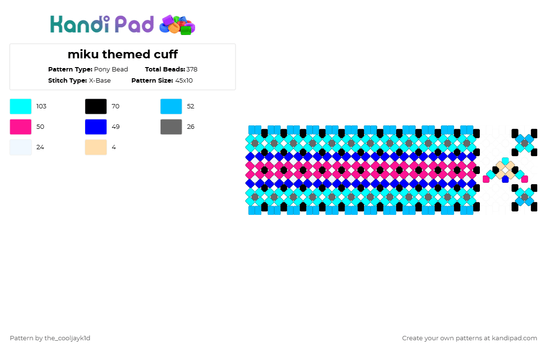 miku themed cuff - Pony Bead Pattern by the_cooljayk1d on Kandi Pad - light blue,hatsune miku,miku,vocaloid,cool