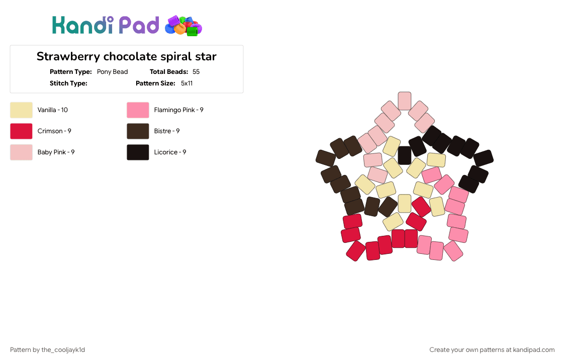 Strawberry chocolate spiral star - Pony Bead Pattern by the_cooljayk1d on Kandi Pad - brown, colorful, cool, pink, spiral, star