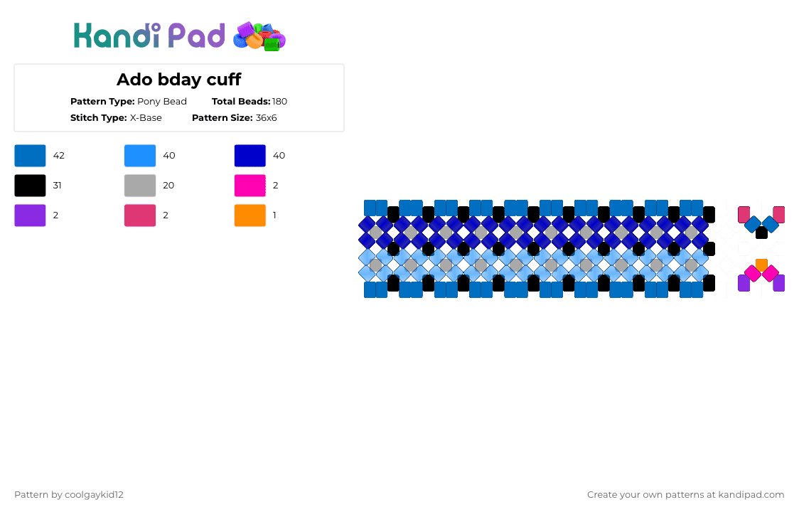 Ado bday cuff - Pony Bead Pattern by the_cooljayk1d on Kandi Pad - blue,light blue,purple,ado,jpop,cool