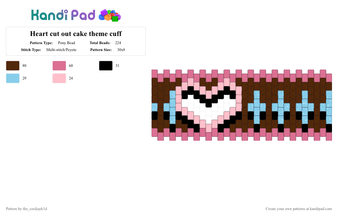 Heart cut out cake theme cuff - Pony Bead Pattern by the_cooljayk1d on Kandi Pad - brown, pink
