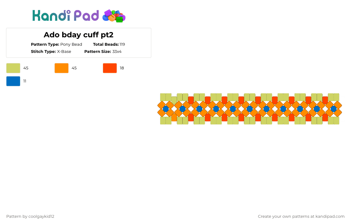 Ado bday cuff pt2 - Pony Bead Pattern by the_cooljayk1d on Kandi Pad - yellow,orange,ado,jpop,cool,music,celebration