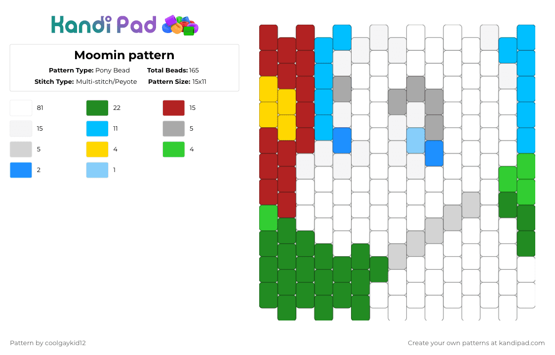 Moomin pattern - Pony Bead Pattern by the_cooljayk1d on Kandi Pad - cool, green, light blue, moomin, moominvalley, red, twshows, white