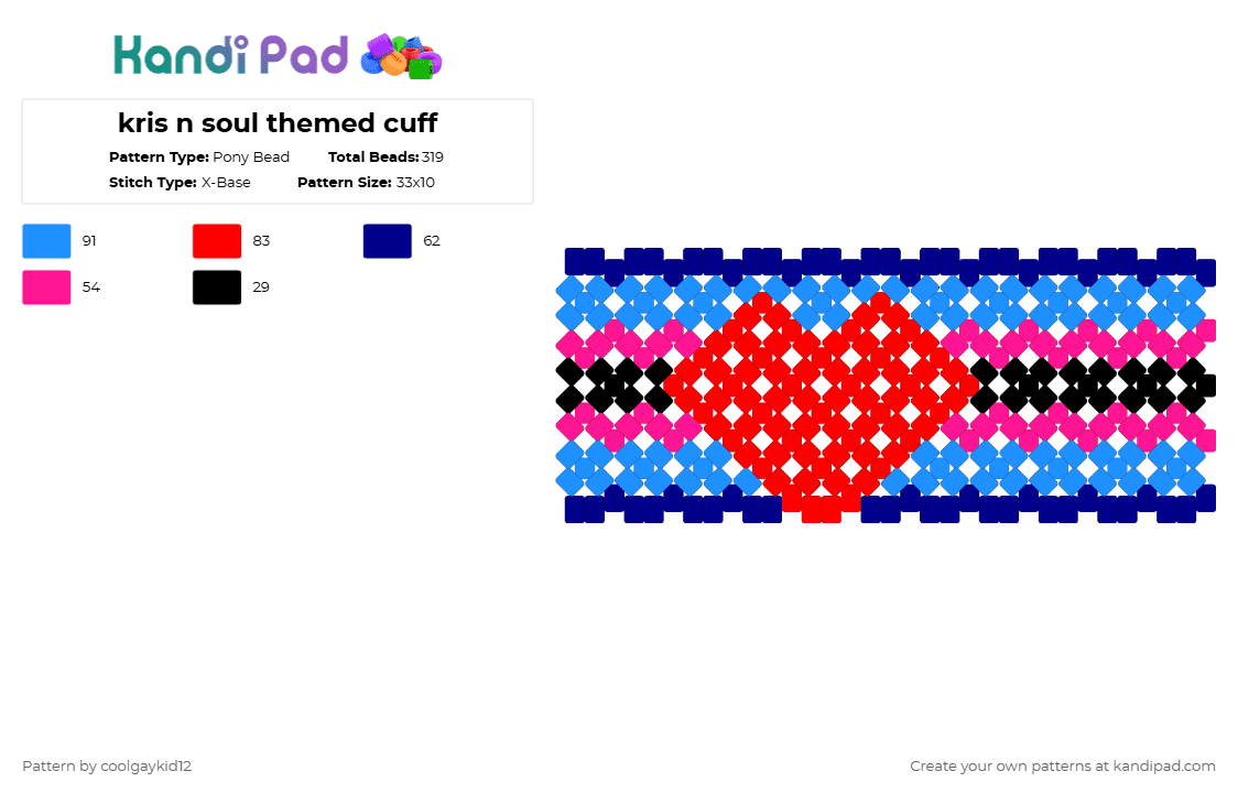 kris n soul themed cuff - Pony Bead Pattern by the_cooljayk1d on Kandi Pad - red,light blue,soul,kris,deltarune,cool